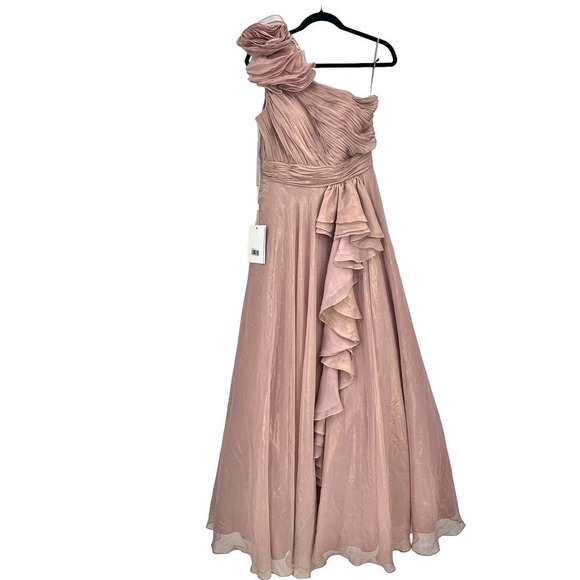 Mac Duggal Iridescent One Shoulder Rosette Ball Gown Rose Gold Size 6 NWT - Picture 3 of 12